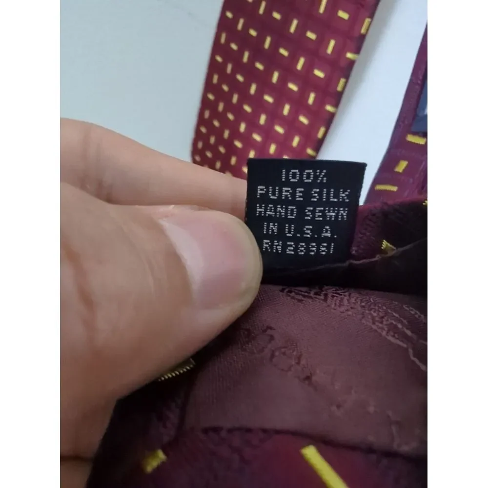Burberrys of London Men Silk Tie Burgundy Yellow Geometric Hand Sewn USA Vintage